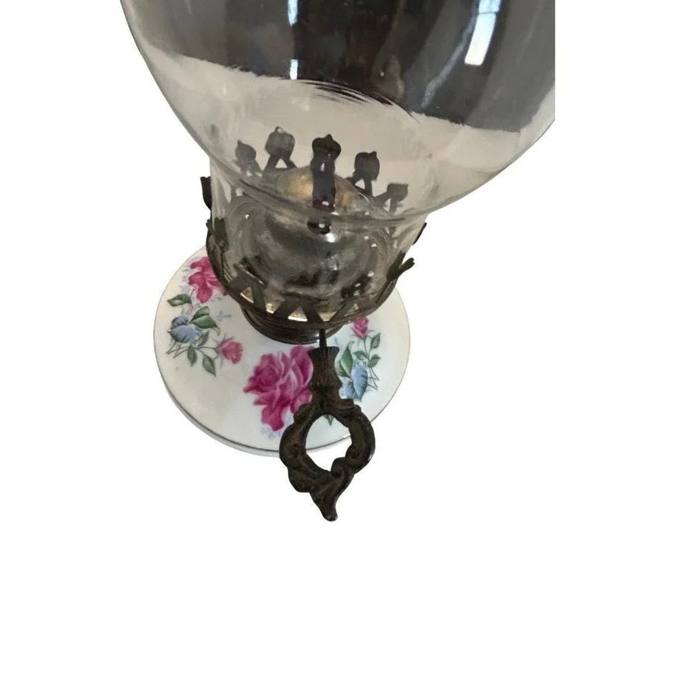 Vintage Floral Porcelain Oil Lamp -Pink Rose Transferware Kerosene Lamp